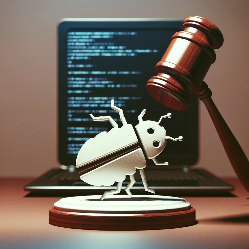 "Ilustrasi tindakan hukum terhadap pengembang dan pengguna malware dengan tim pengacara dan perangkat teknologi keamanan siber, menggambarkan perlindungan hukum dalam dunia digital."