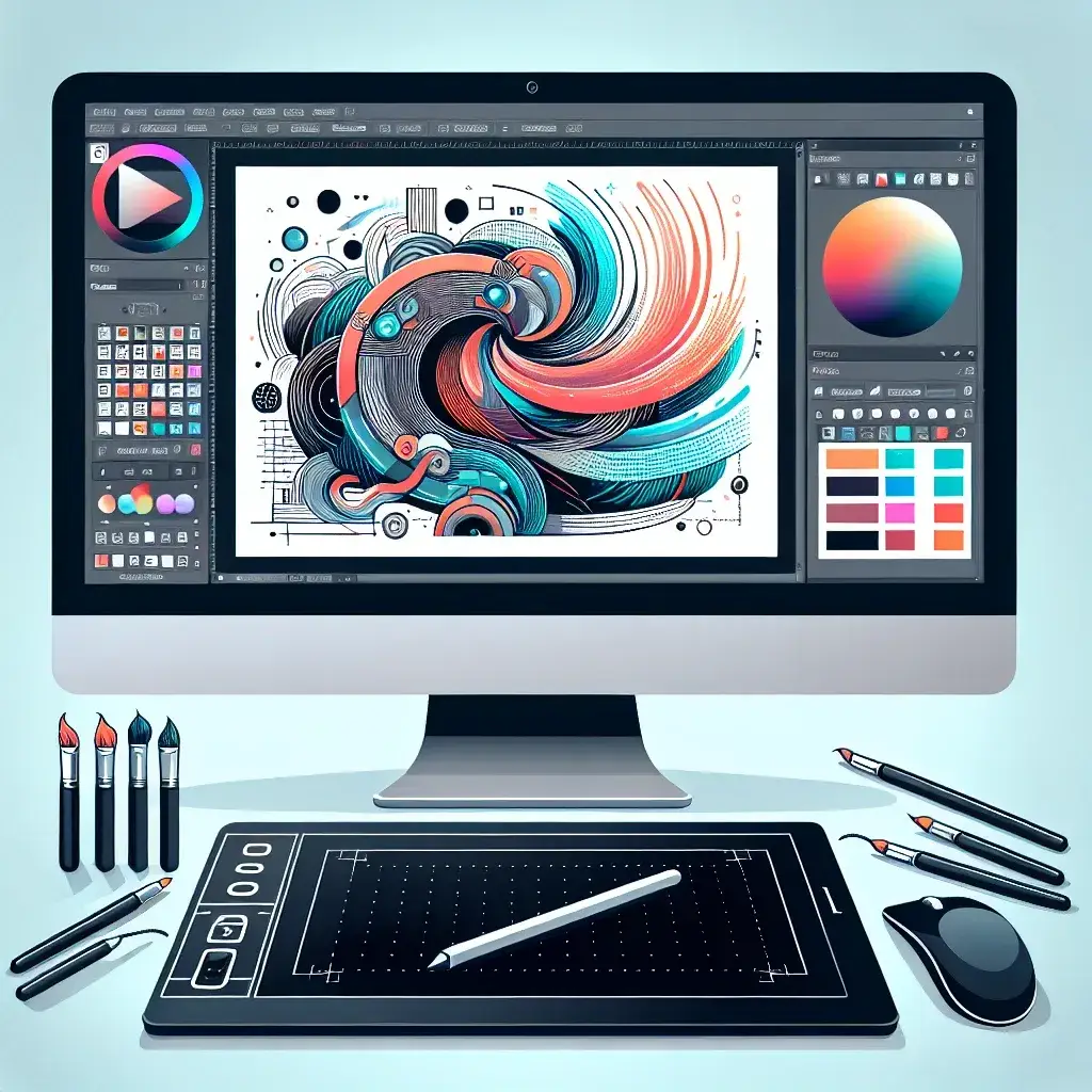 "Software gratis untuk menggambar di komputer: ilustrasi antarmuka program menggambar digital dengan alat dan fitur kreatif, cocok untuk pemula dan profesional."
